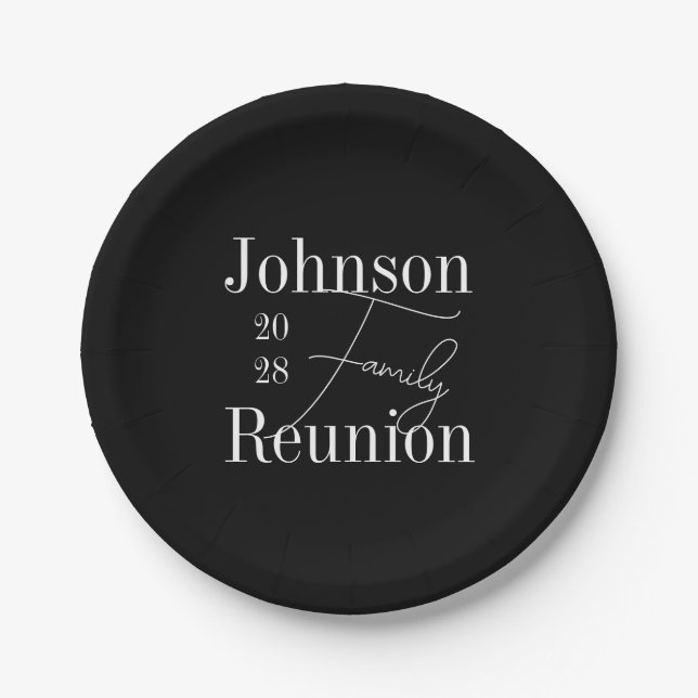 Personalized Family Reunion Black and White Party Paper Plate (Front)