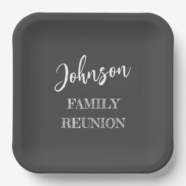 Personalized Family Reunion Charcoal Grey Paper Plate (Front)
