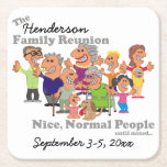 Personalized Family Reunion Funny Cartoon Square Paper Coaster<br><div class="desc">Funny cartoon of a cheerfully madcap family personalizable for your family reunion with family name and date. Everyone's included from grandpa and grandma great to the newest arrival,  even the family dog. Your large family gathering begins with humour,  acceptance and love.</div>