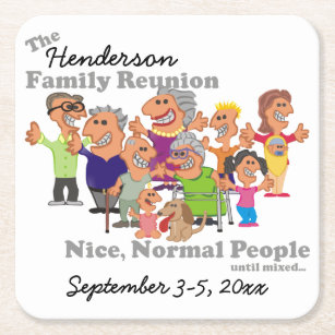 Personalized Family Reunion Funny Cartoon Square Paper Coaster