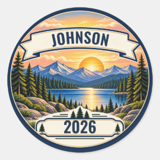 Personalized Family Reunion Mountain Sunset Classic Round Sticker