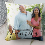 Personalized Family Script Black Overlay 2 Photo Throw Pillow<br><div class="desc">Personalized family photo pillow with elegant text overlay. The photo template is set up for you to add your own pictures - one of the front and one on the back. The front also has the text overlay which you can personalize with your family name. Family is hand lettered in...</div>