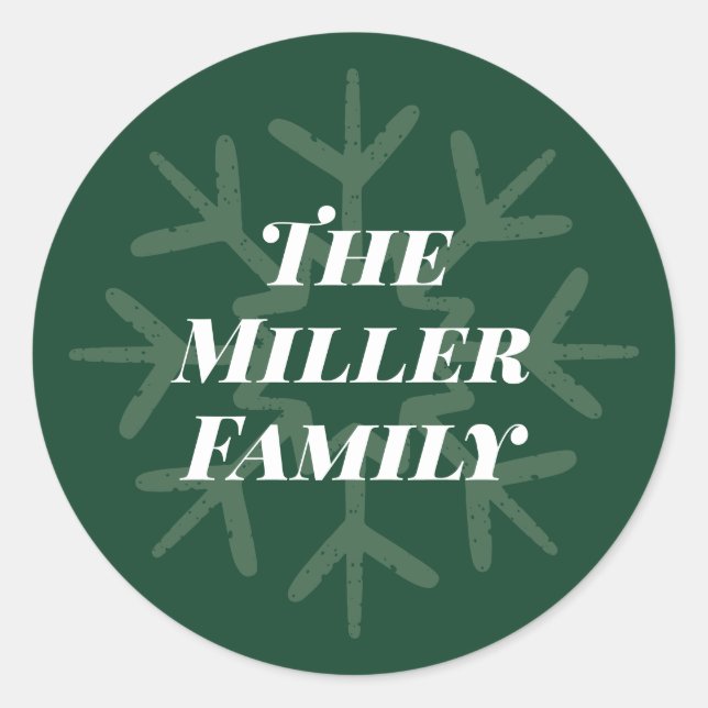 Personalized Family Signature Snowflake Green Classic Round Sticker (Front)