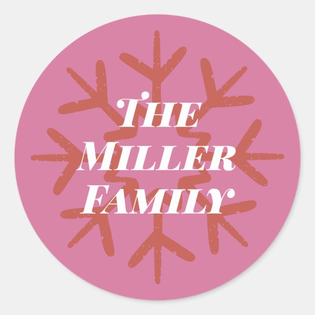 Personalized Family Signature Snowflake hot pink Classic Round Sticker (Front)