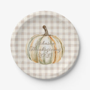 Personalized Family Thanksgiving Neutral Gingham  Paper Plate