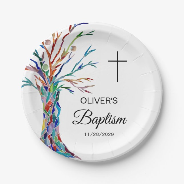 Personalized Family Tree Baptism Christening  Paper Plate (Front)