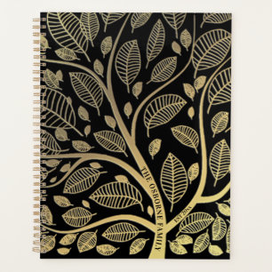 Personalized Family Tree Black Gold Leaves Planner