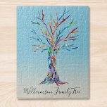 Personalized Family Tree Puzzle<br><div class="desc">Personalized Family Tree Puzzle
This stylish puzzle is decorated with a colourful Family Tree design on a blue ombre background.
Customize it with your family name.
The tree was originally made in mosaic using tiny pieces of coloured glass.
Original Mosaic © Michele Davies.</div>