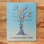 Personalized Family Tree Puzzle<br><div class="desc">Personalized Family Tree Puzzle.
This stylish puzzle is decorated with a rainbow coloured Family Tree design on a blue ombre background.
Customize it with your family name.
The tree was originally made in mosaic using tiny pieces of coloured glass.
Original Mosaic © Michele Davies.</div>