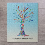 Personalized Family Tree Puzzle<br><div class="desc">Personalized Family Tree Puzzle.
This stylish puzzle is decorated with a rainbow coloured Family Tree design on a blue ombre background.
Customize it with your family name.
The tree was originally made in mosaic using tiny pieces of coloured glass.
Original Mosaic © Michele Davies.</div>