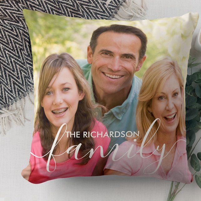 Personalized Family White Script Overlay 2 Photo Throw Pillow (Creator Uploaded)