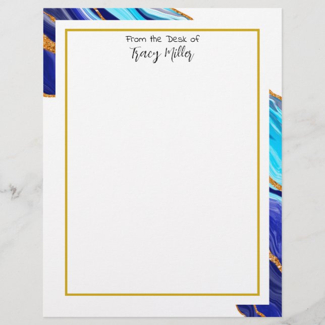 Personalized Fancy Blue and Gold Marble  Letterhead (Front)