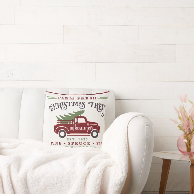 Personalized Farm Fresh Christmas Family Name Cute Throw Pillow (Couch)