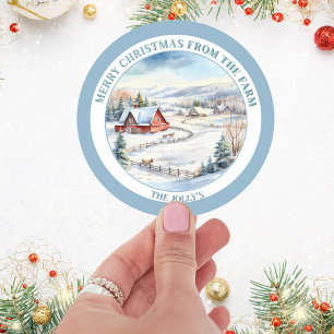 Personalized Farm House Theme Blue Christmas Classic Round Sticker
