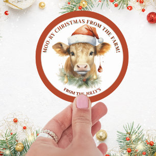 Personalized Farm Theme Cow Christmas Classic Round Sticker