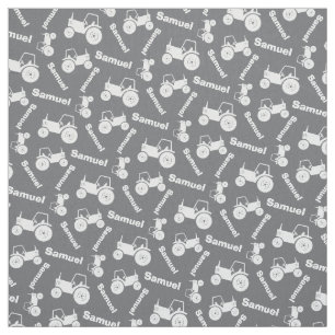 Personalized farm tractor name grey fabric