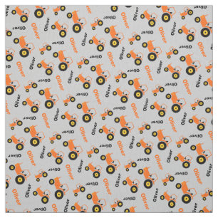 Personalized farm tractor name orange grey fabric