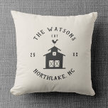 Personalized Farmhouse Barn Family Name Throw Pillow<br><div class="desc">Bring cozy farmhouse charm to your sofa or entry bench with this personalized throw pillow featuring a simple barn illustration, weather vane, and your family name in rustic typography. Customizable text fields let you add your hometown and established year, creating a one-of-a-kind accent for your farmhouse, lake house, or country...</div>