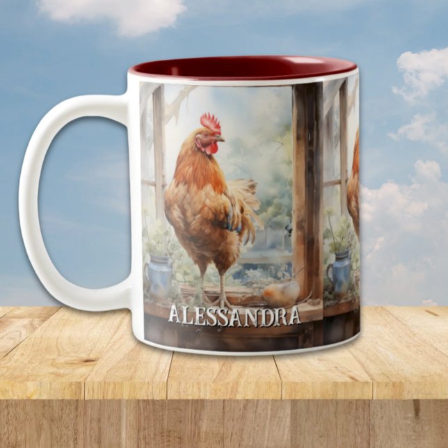 Personalized Farmhouse Chicken on Window Sill Two-Tone Coffee Mug (Rustic Farm Chicken standing by a window Personalized Mug, farmhouse country kitchen)