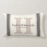 Personalized Farmhouse Grain Sack Wedding Date Lumbar Pillow<br><div class="desc">Visit Part of my Farmhouse Grey Neutrals Collection. Grain sack style with ivory background, grey & tan stripes with initial, names and date. The stripes cannot be customized but you can customize the font size, font colour, and font type of the initial, names and date... just click on the "customize"...</div>