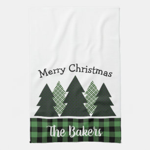 Personalized Farmhouse Plaid Christmas Tree Kitchen Towel