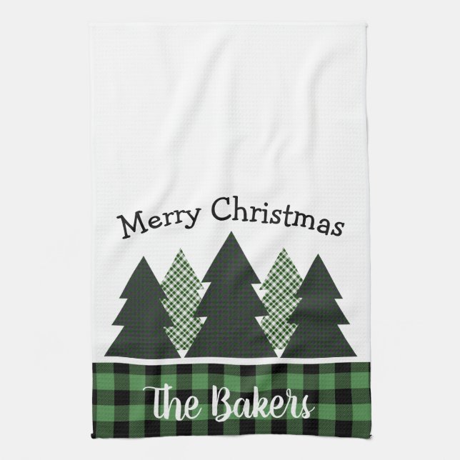 Personalized Farmhouse Plaid Christmas Tree Kitchen Towel (Vertical)