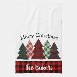 Personalized Farmhouse Plaid Christmas Tree Kitchen Towel