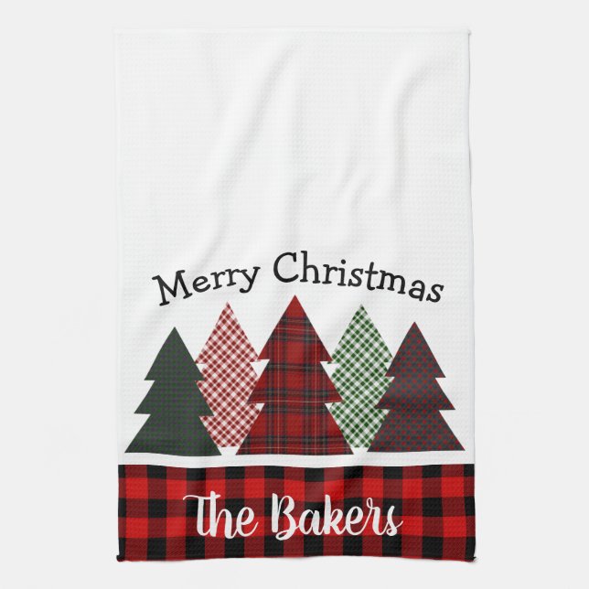 Personalized Farmhouse Plaid Christmas Tree Kitchen Towel (Vertical)