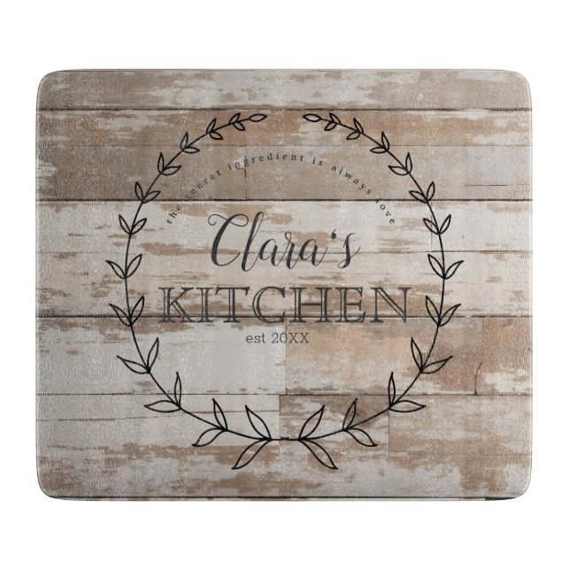 Personalized Farmhouse Rustic Worn Wood Cutting Board (Front)