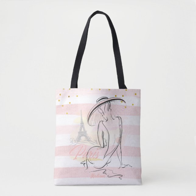 Personalized Fashion Girl Paris Pink Sketch   Tote Bag (Front)