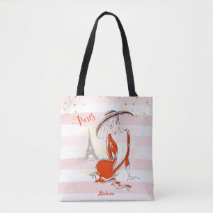 Personalized Fashion Girl Pink Paris Sketch Tote Bag