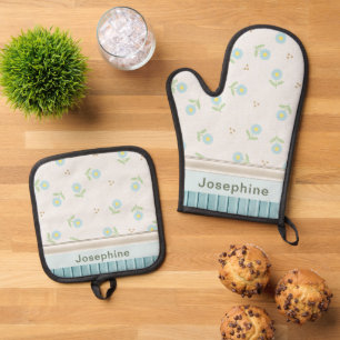 Personalized Faux Blue Florals Oven Mitt & Pot Holder Set