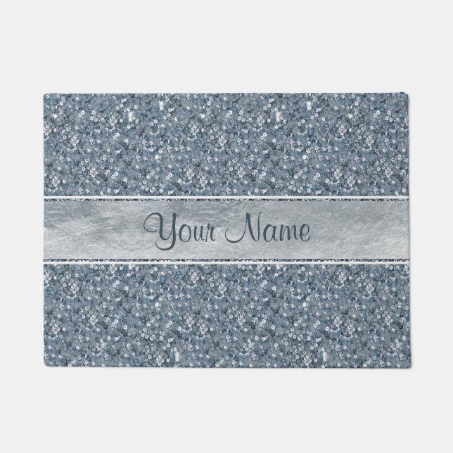Personalized Faux Blue Sequins Glitter Silver Foil Doormat (Front)