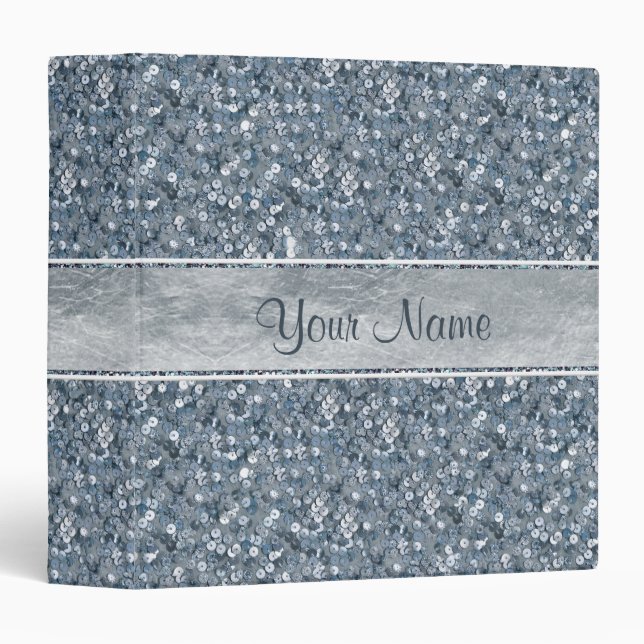 Personalized Faux Blue Sequins Silver Foil Glitter Binder (Front/Spine)
