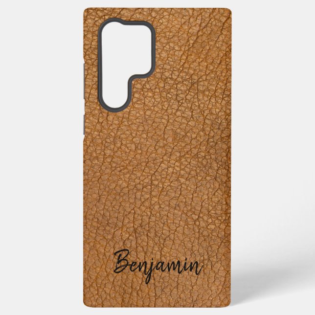 Personalized Faux Brown Leather with Name Samsung Galaxy S22 Ultra Case (Back)