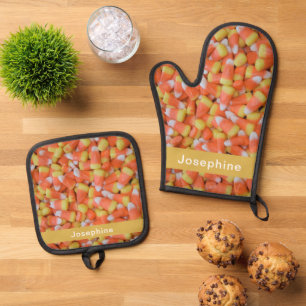 Personalized Faux Candy Corn Pattern Oven Mitt & Pot Holder Set