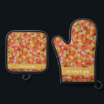 Personalized Faux Candy Corn Pattern Oven Mitt & Pot Holder Set<br><div class="desc">Personalized Faux Candy Corn Pattern Oven Mitt & Pot Holder Set</div>