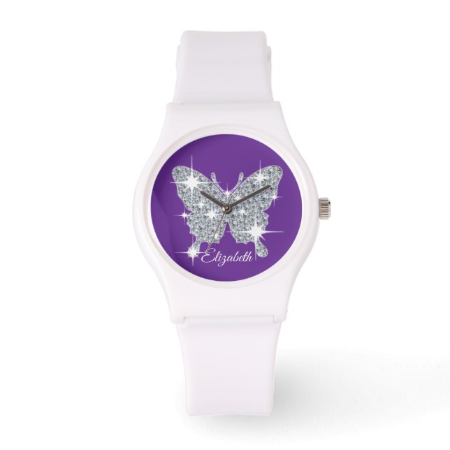 Personalized faux diamond sparkle butterfly watch (Front)