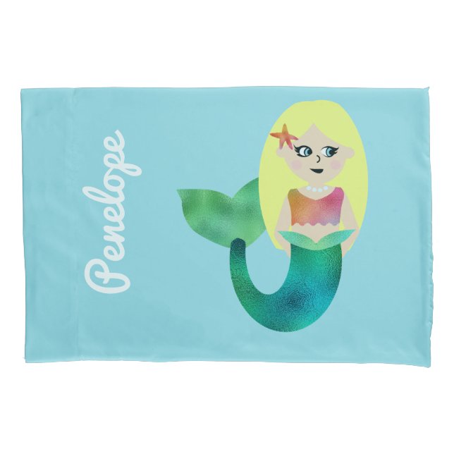 Personalized Faux Foil Blonde Mermaid Girls Pretty Pillowcase (Front)