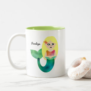 Personalized Faux Foil Blonde Mermaid Girls Trendy Two-Tone Coffee Mug
