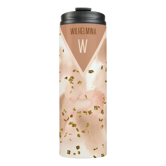 Personalized Faux Gold Brown & Pink Thermal Tumbler (Front)