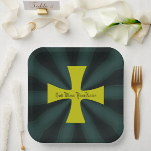 Personalized Faux Gold Byzantine Christian Cross Paper Plate