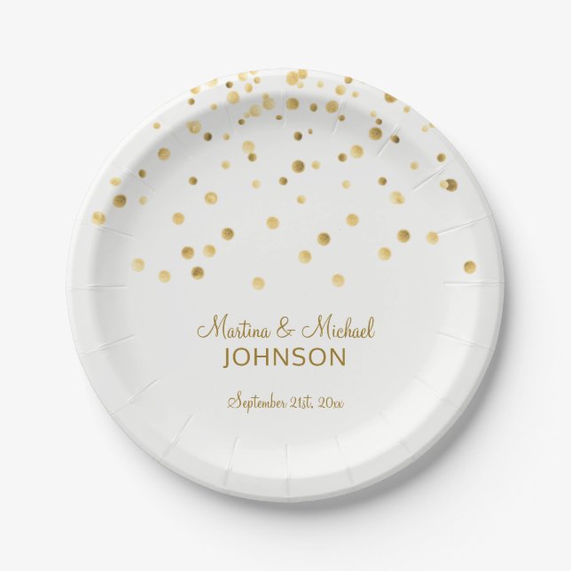 Personalized Faux Gold Confetti White Wedding Paper Plate (Front)