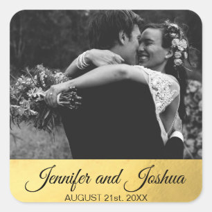 Personalized Faux Gold Foil Black Wedding   PHOTO Square Sticker