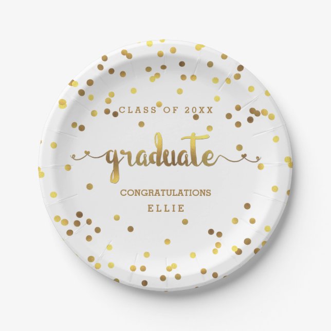 Personalized Faux Gold Foil Confetti Graduate Paper Plate (Front)