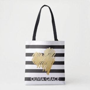 Personalized Faux Gold Heart Black Striped Tote Bag