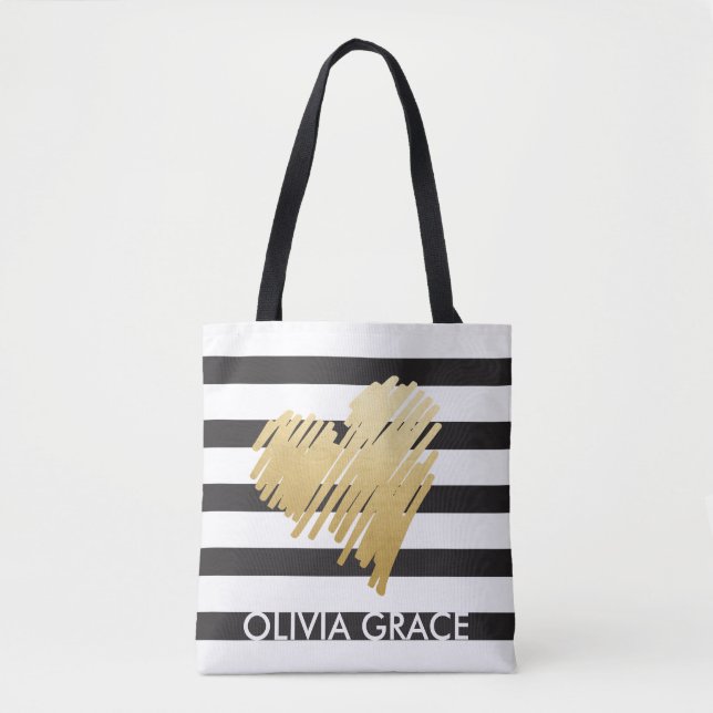 Personalized Faux Gold Heart Black Striped Tote Bag (Front)