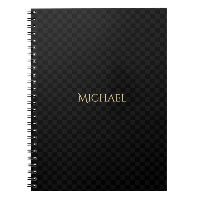 Personalized Faux Gold Name Black Check Pattern Notebook (Front)