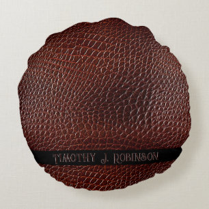 Personalized Faux Leather Brown Embossed Round Pillow