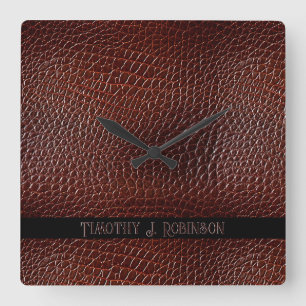 Personalized Faux Leather Brown Embossed Square Wall Clock
